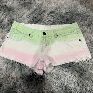 Pastel Ombre Distressed Denim Shorts - Green & Pink